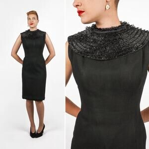 Vintage 1960s Black Sleeveless Sheath Wiggle Dress with Raffia Collar | Small